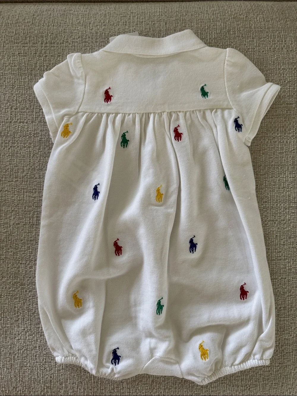Ralph Lauren White Cotton Polo Romper with Rainbow Pony Logos
